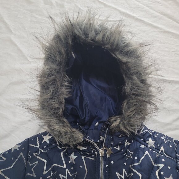 R1881 S. Rothschild Puffer Jacket Hooded Fur Trim Silver Foil Stars Navy 4T - Picture 2 of 9